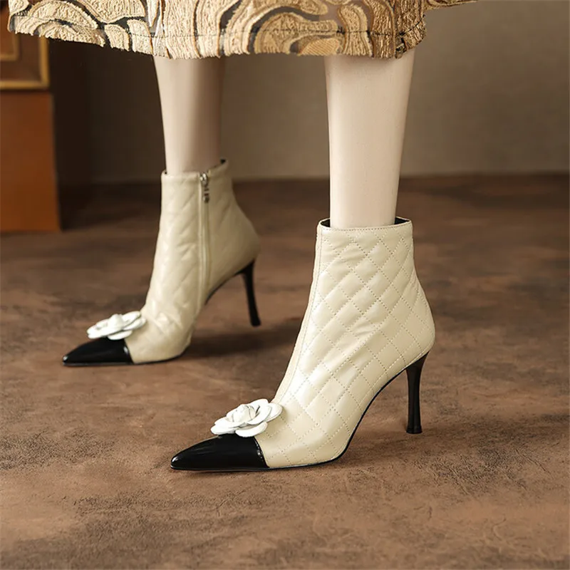 new-autumn-winter-women-boot-cow-leather-short-boots-fashion-flower-boots-for-women-pointed-toe-stiletto-heels-mixed-color-shoes