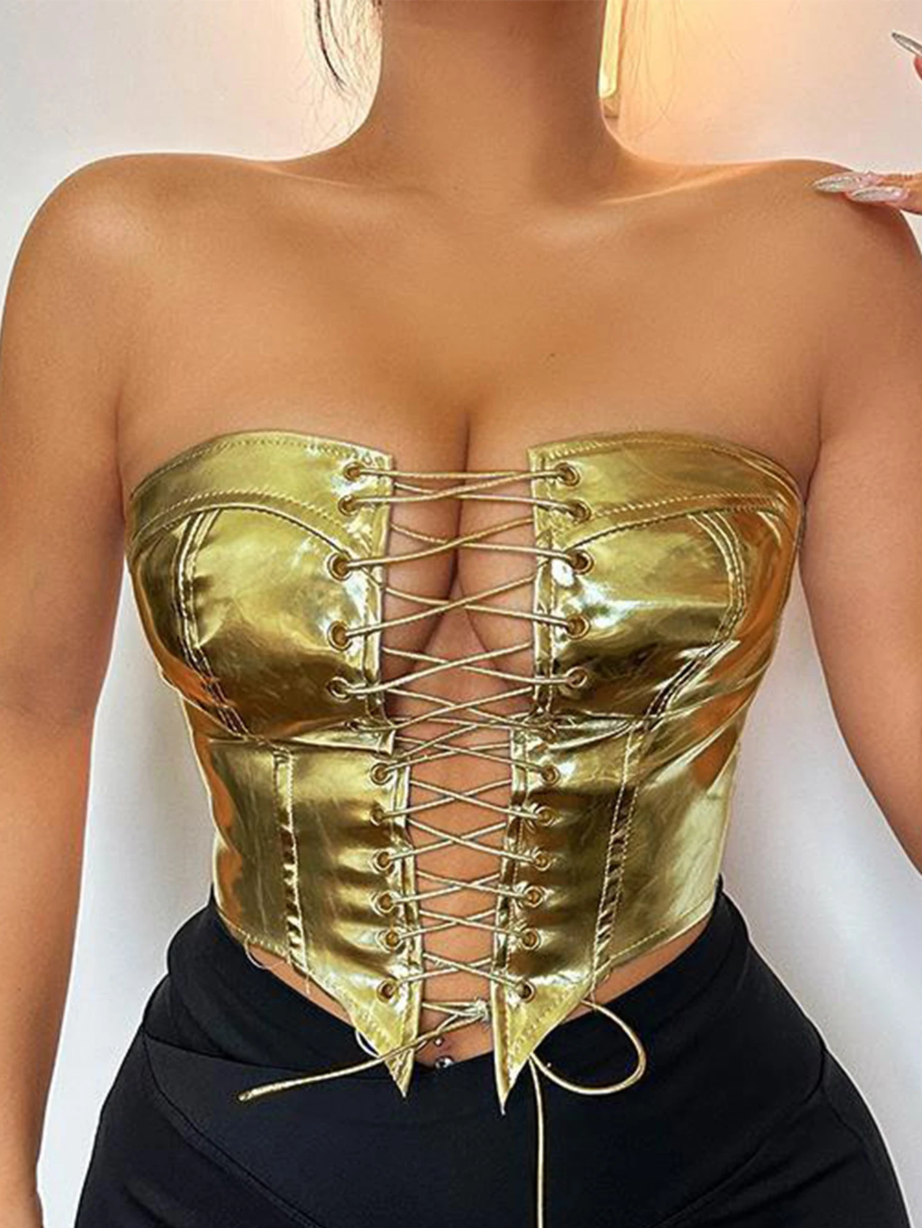Sexy y2k clothes leather corset crop top women summer body night club party halter tank top festival outfits cropped tube tops
