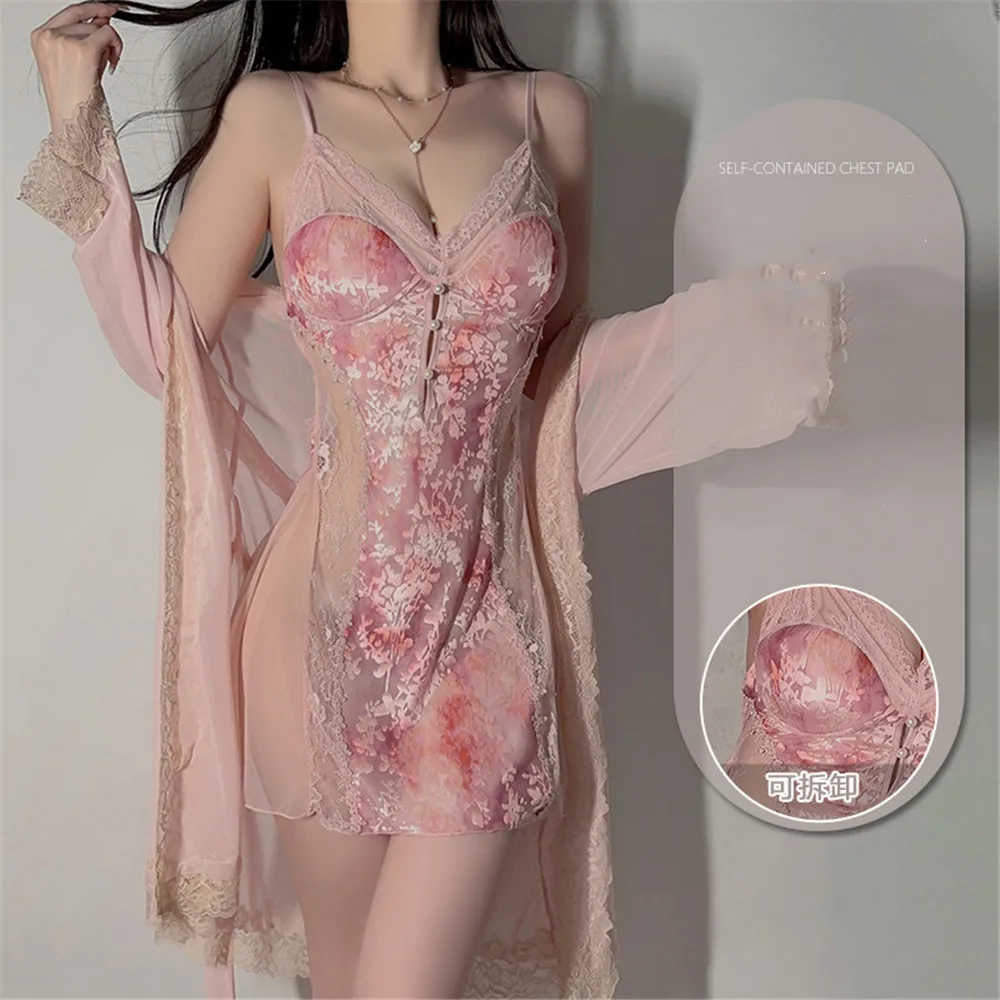 

Elegant Female Robe Set Nightgown Sleepwear Homewear Sexy Hollow Out Lace Patchwork Nightdress Loungewear