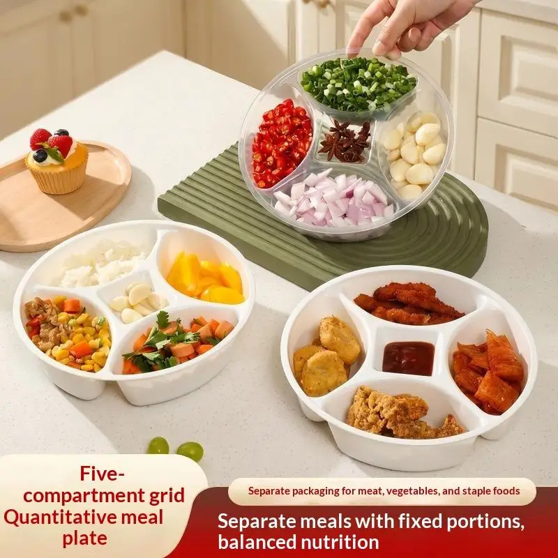 Hot Sale Round Plastic Divided Serving Tray,5-Compartment Stackable Prep Dish For Spices,Condiments,Snacks & Meal Prep