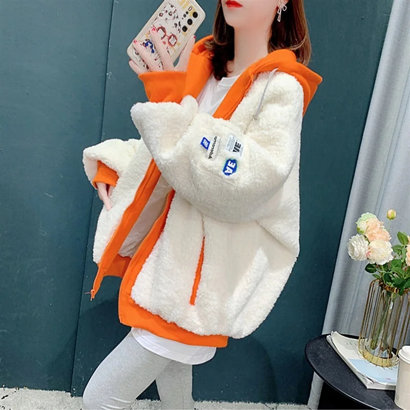 2023 Women's Autumn Cardigan Jackets Padded Lamb Plush Sweater Coat Hooded Long Sleeve Fleece Outwear Female Loose Windproof Top