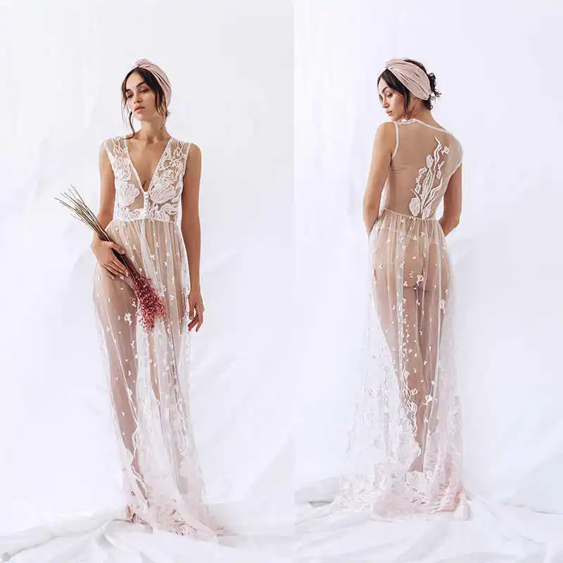 Sexy Women Night Robe See Through Long Sleeves Custom Made Lace Applique Race Bridal Sleepwear Party Bridal Dressing Gown