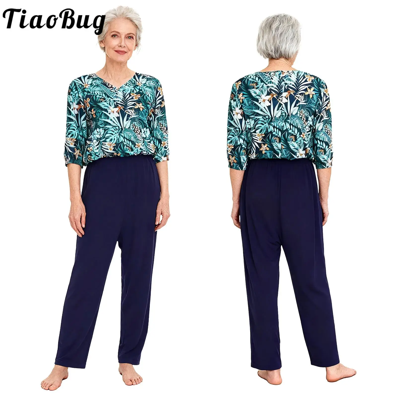

Women Alzheimer Elderly Anti-Strip Adaptive Jumpsuit 3/4 Sleeve Back Zipper Printed One-piece Nursing Rompers for Special Needs