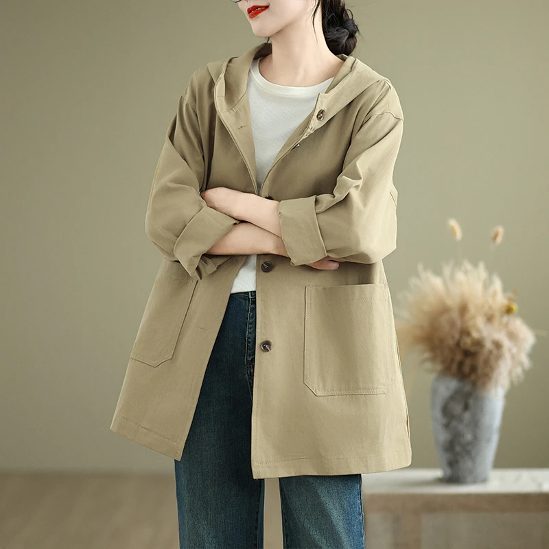

Loose Women's Spring Coat Large Size Artistic Style Hooded Jacket Retro Marbled Fabric Long Sleeve Commute Friendly