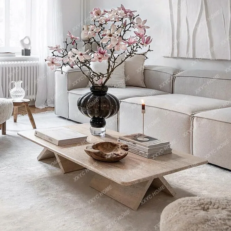 Wabi-sabi style natural travertine coffee table, light luxury creative living room sofa art rectangular coffee table