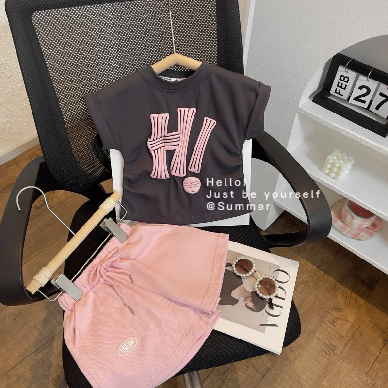 

2024Summer New Girls' Letter Set Summer Refreshing Shorts Short Sleeve Two-Piece Suit Fashion23238