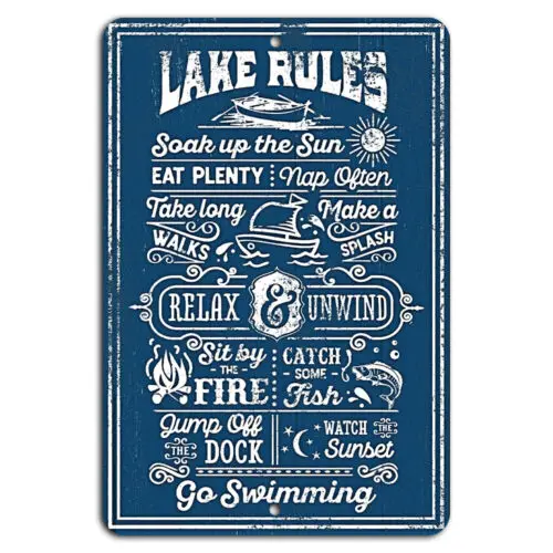 1p,Lake Rules: Soak Up the Sun, Relax and Unwind, Swim Blue Rustic Sign