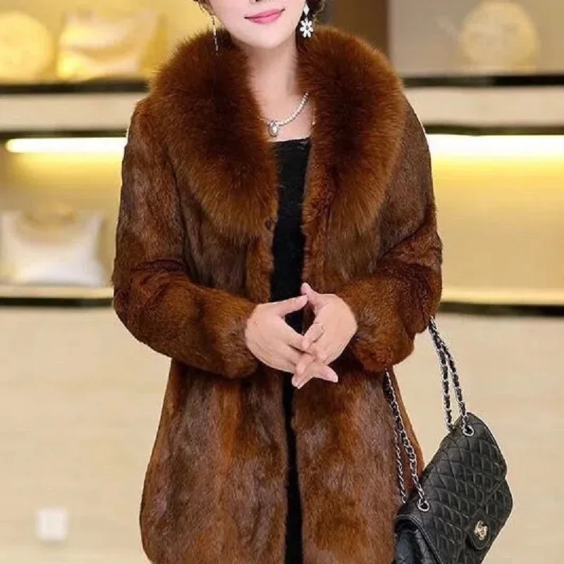 Top Quality M-6XL Oversize Jacket Chic and Elegant Women Fuax Fur Coat Very Warm Windproof Faux Mink Fur Mom V-neck Outfit