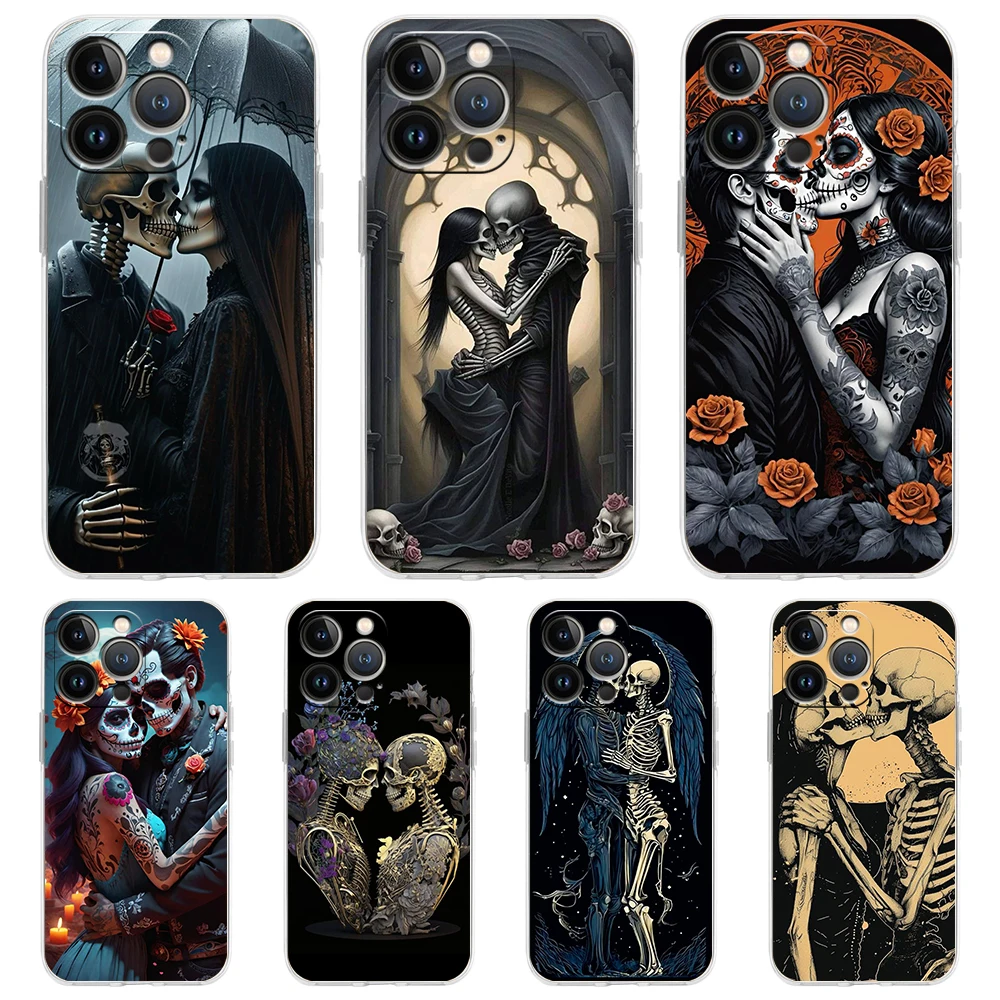 Love Skeleton Skull Soft TPU Transparent Phone Case Cover for iPhone 16 15 14 13 12 11 Pro Max XR 8 7 Plus XS Max Shell Fundas