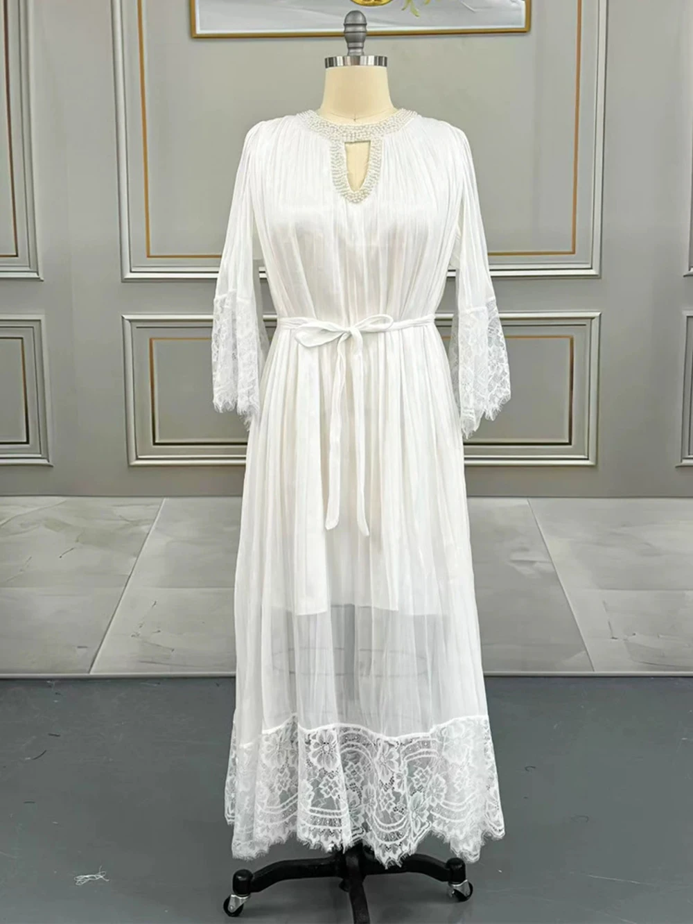 Plus Size Damen Faltenkleid High-End Plissee Spitze langer Rock Sommer europäisch und amerikanisch-GZXX1021