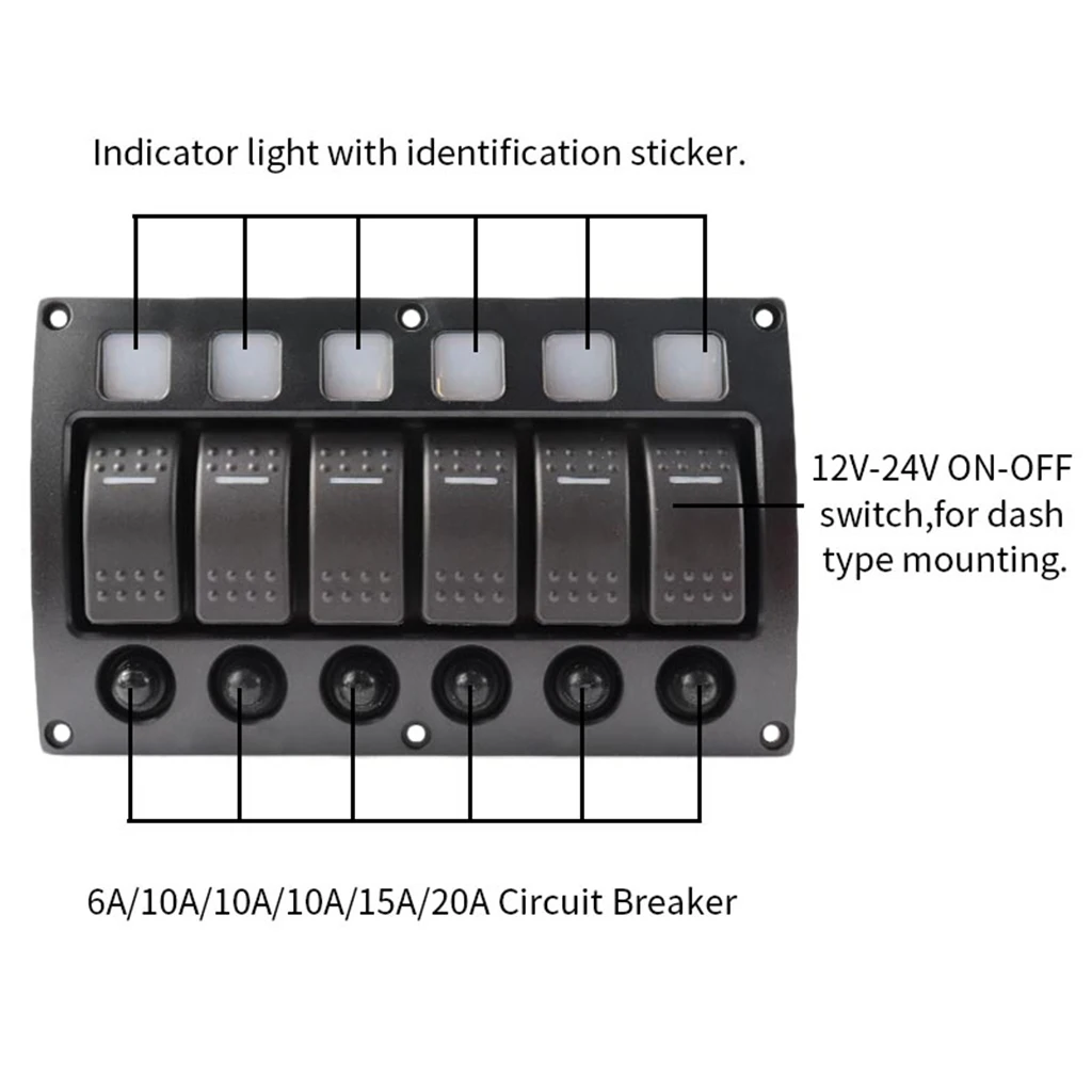 6 Gang LED Toggle Switch Panel Water Resistant Dual Voltage Control Module for RV Marine