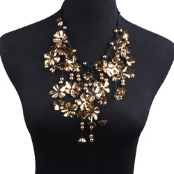 2026 New Boho Ethnic Golden White Flowers Beads Cascading Necklace Pendant Women Indian Statement Vintage Black Cord Necklace