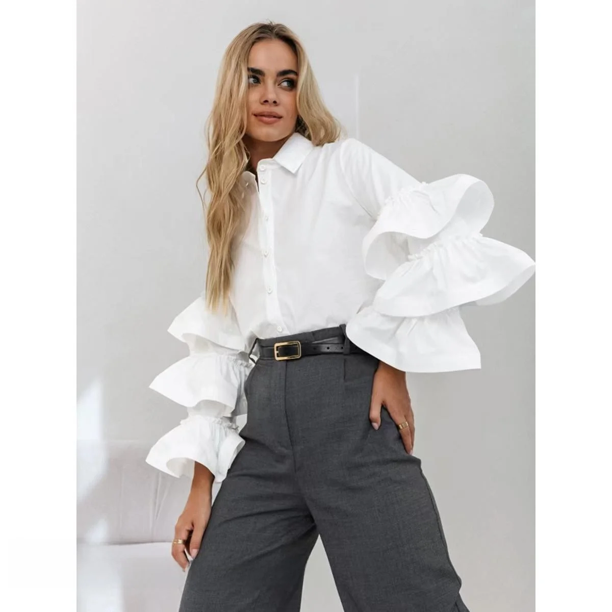 

Модная рубашка с длинным рукавом и воротником-стойкой, элегантный дизайн в стиле «лотос», прямой крой, застежка на пуговицах