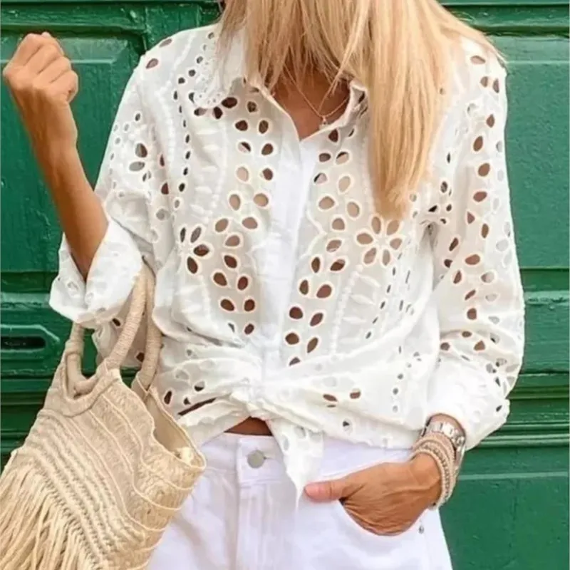 

Casual Lace Women's Blouse Fashion White Shirt Tops Sexy Hollow Out Long Sleeve Button Shirts For Women Elegant Office Shirt