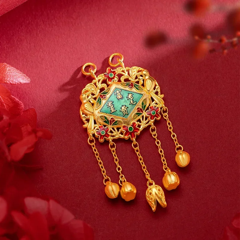 9999 Real Gold 24K Enamel Old Rich Cat Safety Lock Bag Pendant Burnt Blue Rich Long Life Lock Pendant