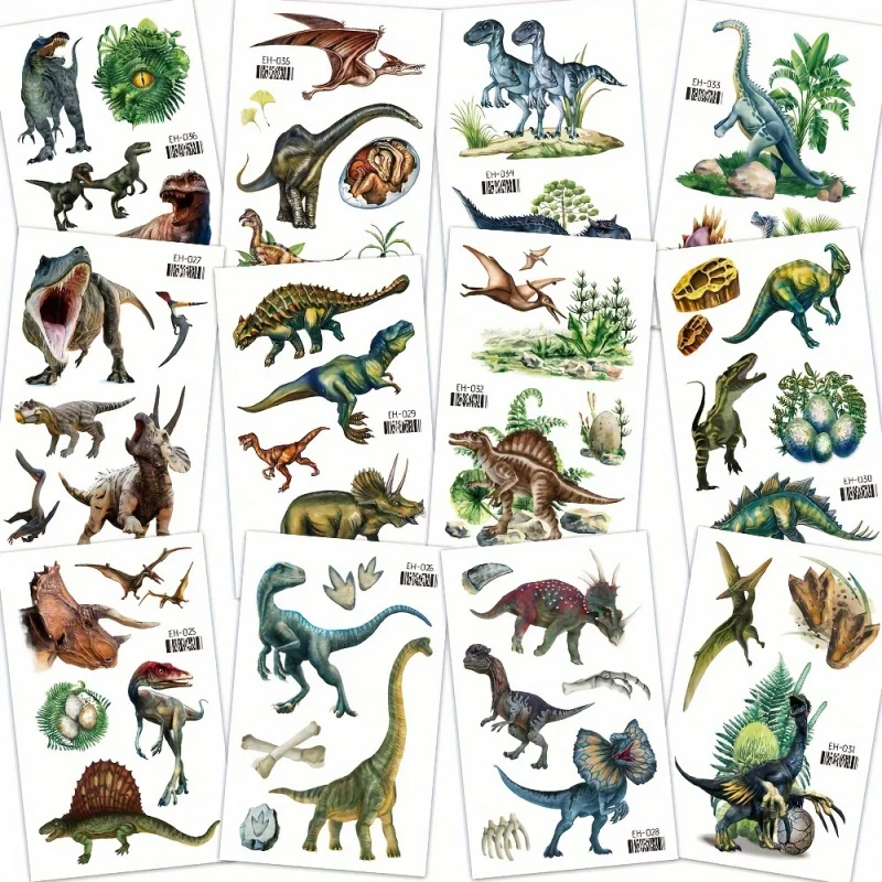 12 Zhang 3D Color Dinosaur Temporary Tattoo Sticker -Realistic Various Dinosaur Patterns. Waterproof and durable2-5Days