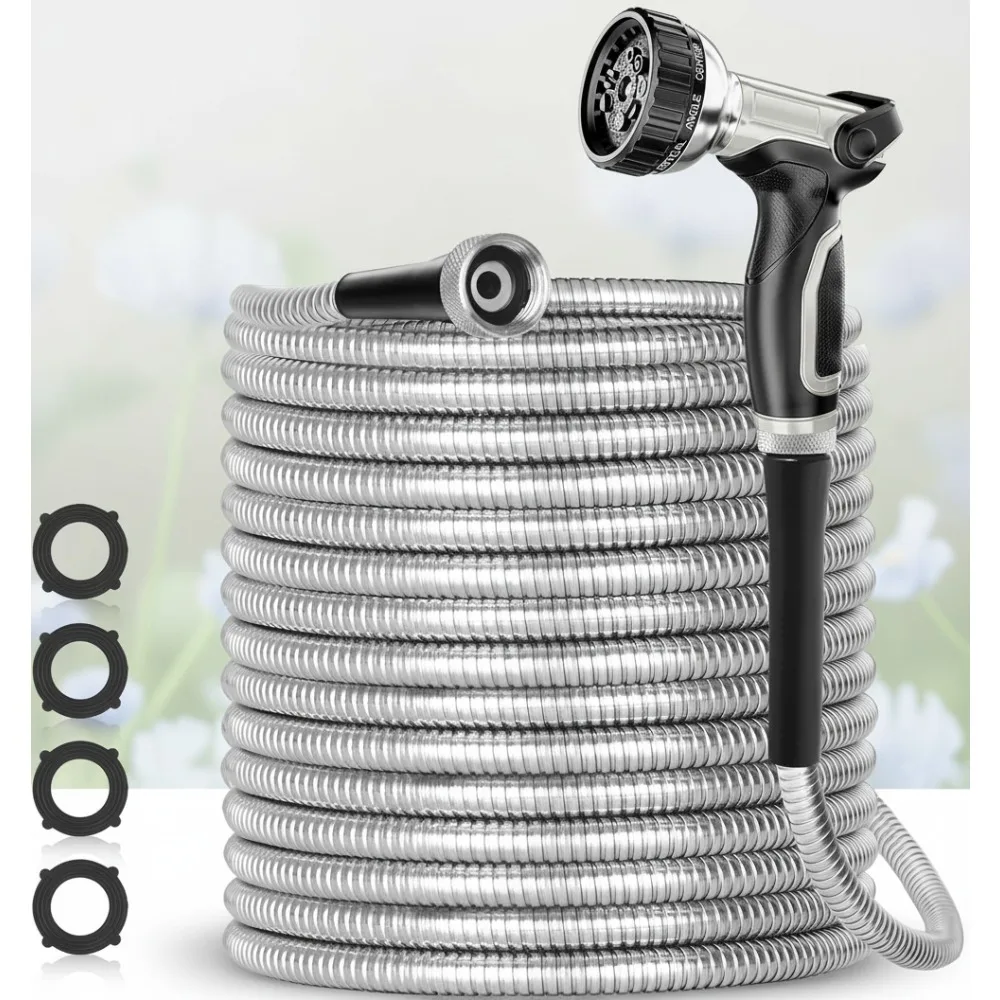 

25ft Stainless Steel Garden Hose, Heavy Duty Flexible Water Pipe with 8-Way Nozzle for Yard & Outdoor Use