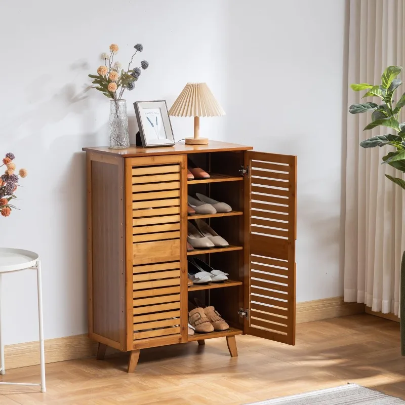 Bamboo Shoe Cabinet, Widen   Storage Cabinet,   Cabinet with 2 Doors for Entryway, 4 Tier   Storage Cabinet for Closet