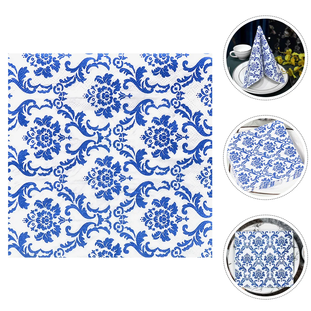 Guardanapos florais de porcelana branca azul e decoração retrô impressão mesa de festa noiva flores bebidas casamento