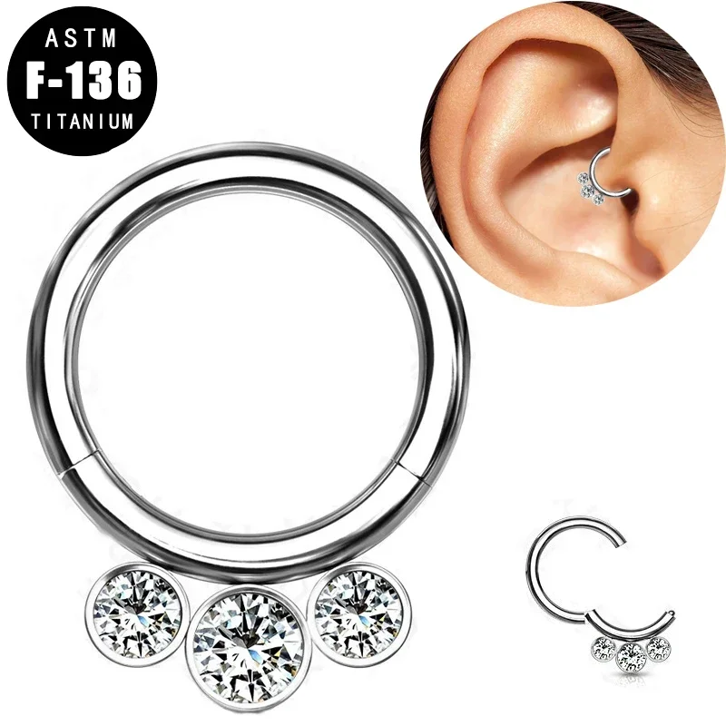 ASTM F136 Titanium Earrings Piercing Nose Studs Hinged Segment Hoop Rings 3 Inner Bezel Set Crystals Ear Helix Tragus Jewelry