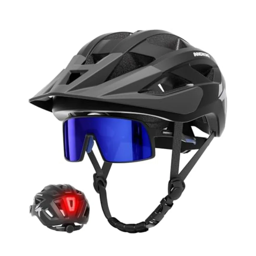 

Bike Helmet and Glasses Set for Adults, Lightweight Mountain Bicycle Helmet with USB Rechargeable Rear Light, Commuting Road Bi