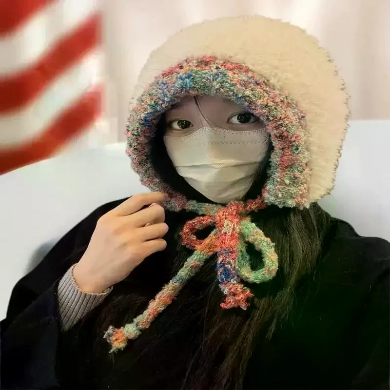 الشتاء النساء الدافئة الأذن حماية قبعة عصرية ومتعددة الاستخدامات محبوك قبعة مزدوجة الغرض حقيبة كروسبودي مقنعين قبعة