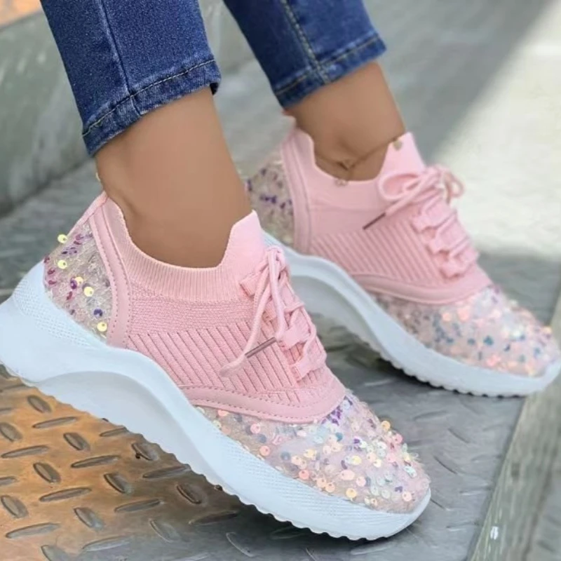 

Блестящие вязаные кроссовки с блестками для женщин, модные сетчатые лоскутные повседневные прогулочные туфли, женские легкие нескользящие кроссовки на платформе