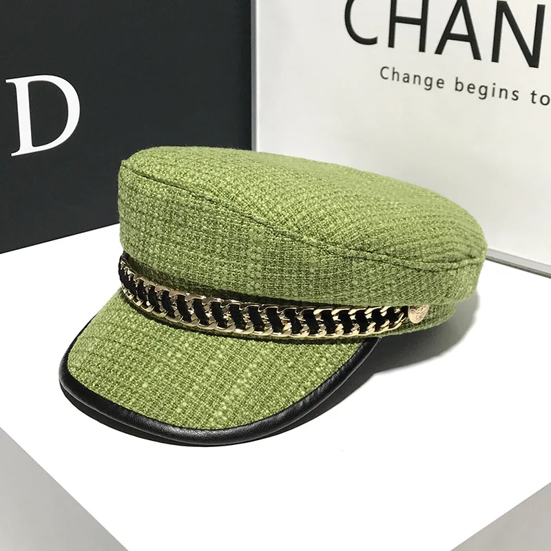 Sombrero militar con cadena a cuadros para mujer, boina octogonal coreana negra, elegante, a la moda, novedad