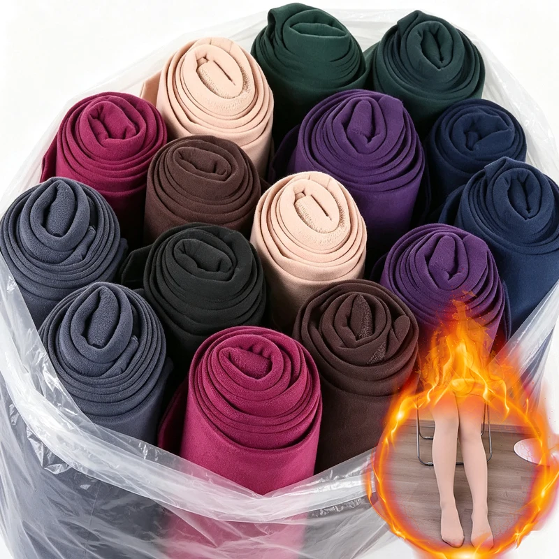 High Waist Fleece Lined Tights Women Solid Color Thick Plush Inner Thermal Leggings High Elastic Winter Warm Pantyhose