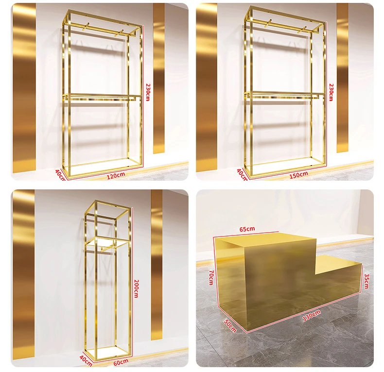 Custom Stainless Steel Boutique Gold Clothing Racks Garment Metal Shelf Women Store Dress Display Stands for Clothes Shops