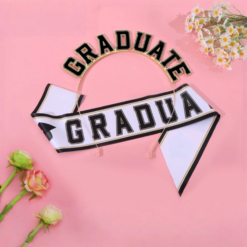 

49ME Shimmering Graduation Party Headwear And Shoulder Belt Ribbon Sash for Academic