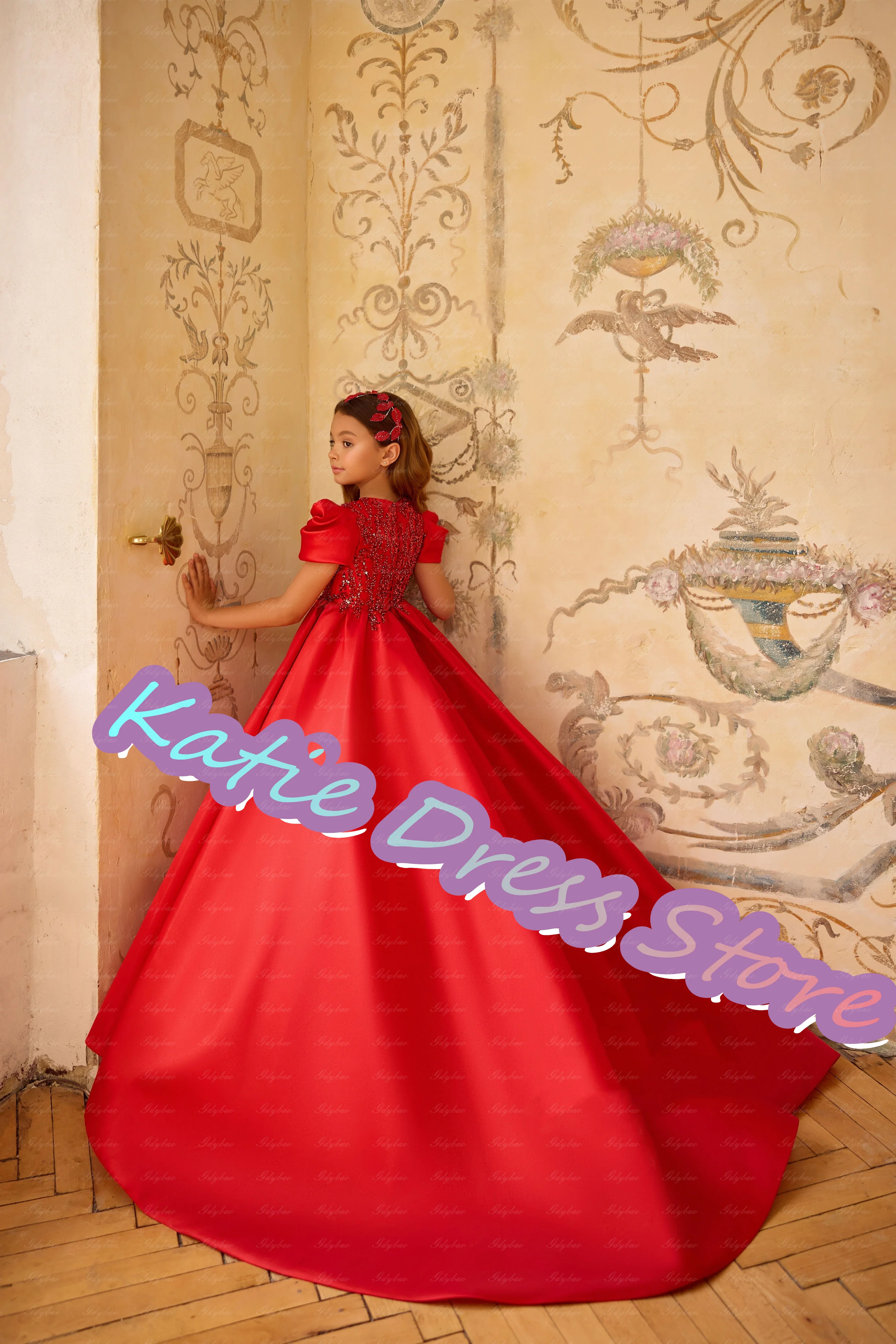 

Red Flower Girl Dress For Wedding Sequins Satin Applique Princess Kids Birthday Party First Communion Ball Gowns Customized