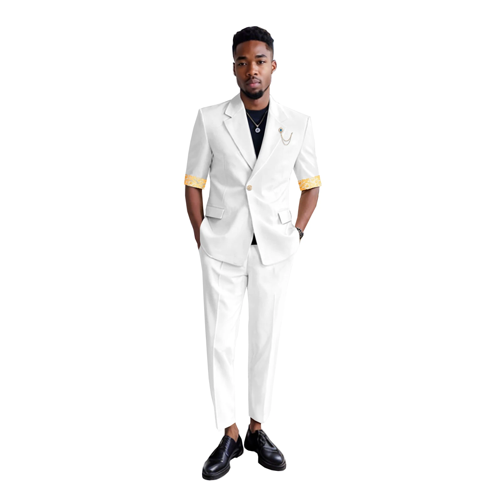 DBQ African Attire Men’s Slim Fit Suit One Button Short Sleeve Brooch Embroidery Blazer and Pant 2 Piece Suit BD164