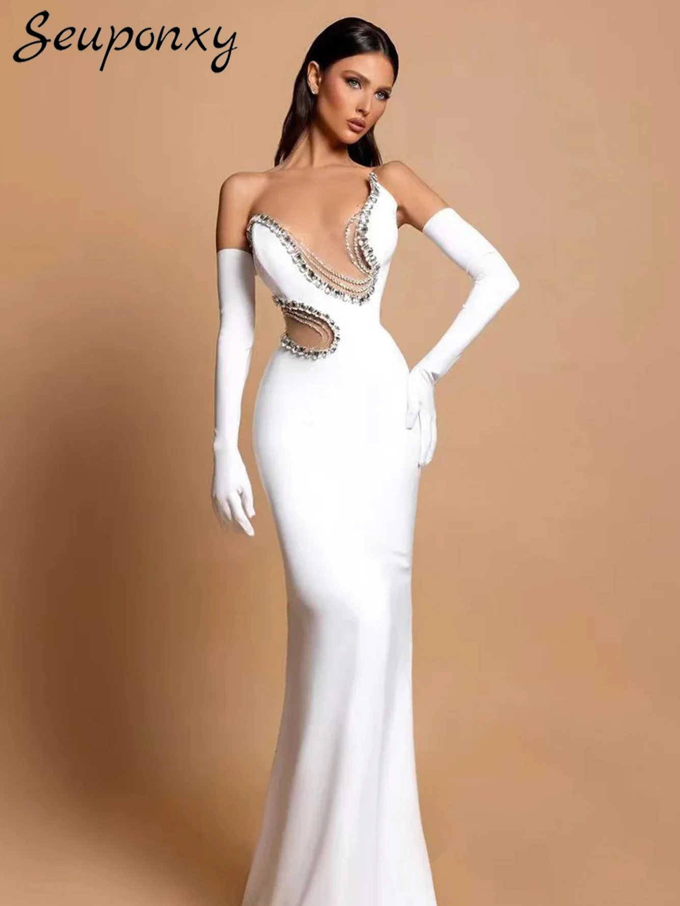 High Quality Women'S Sexy Strapless Backless Shiny Diamond Crystal Mesh Patchwork Bandage Maxi Dress Celebrity Party Dress