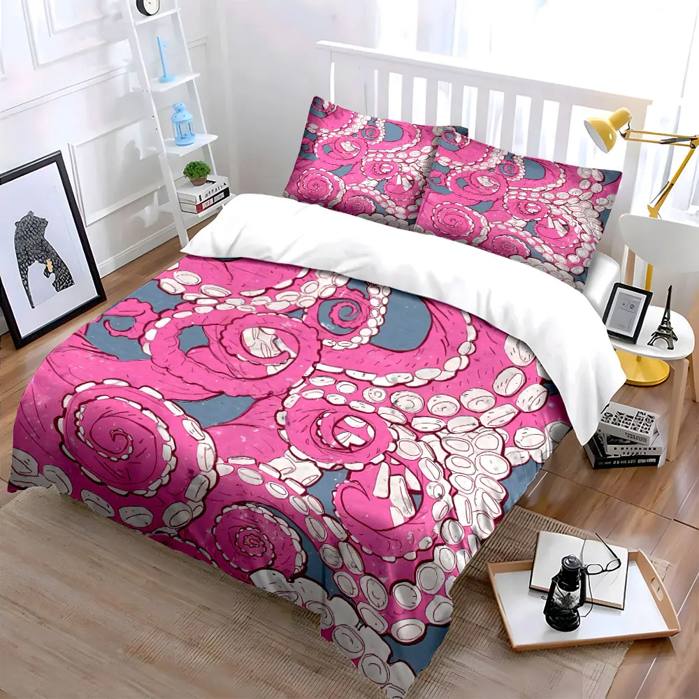 3Pcs Octopus Tentacles Bedding Set, Pink Ocean Creature Print Duvet Cover Set, Soft Microfiber for Teens And Adults
