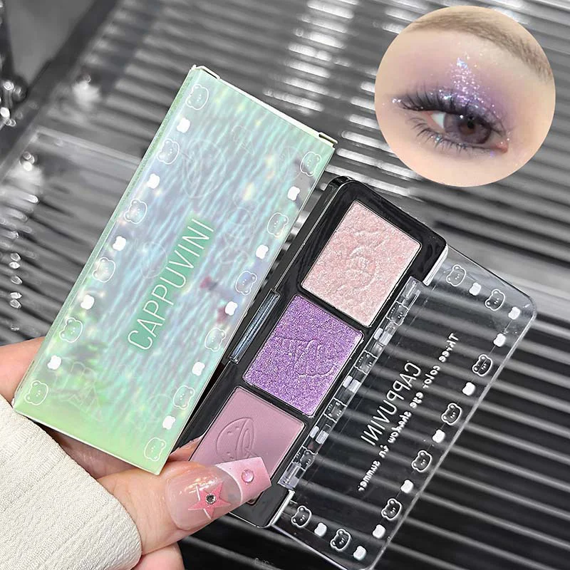 CAPPUVINI サマー スリーカラー アイシャドウ、パールファインフラッシュ、マット、メイクが簡単、持続性、パウダー不要、自然なメイクを実現