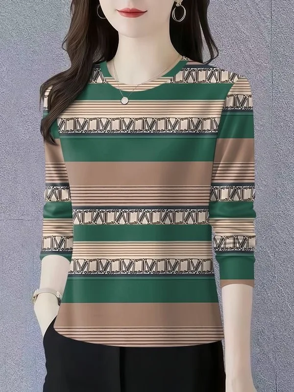 

Retro Striped round Neck Long Sleeve Base Shirt Women's Fashion Mommy Clothes Belly Concealing Trendy Anti-aging Top