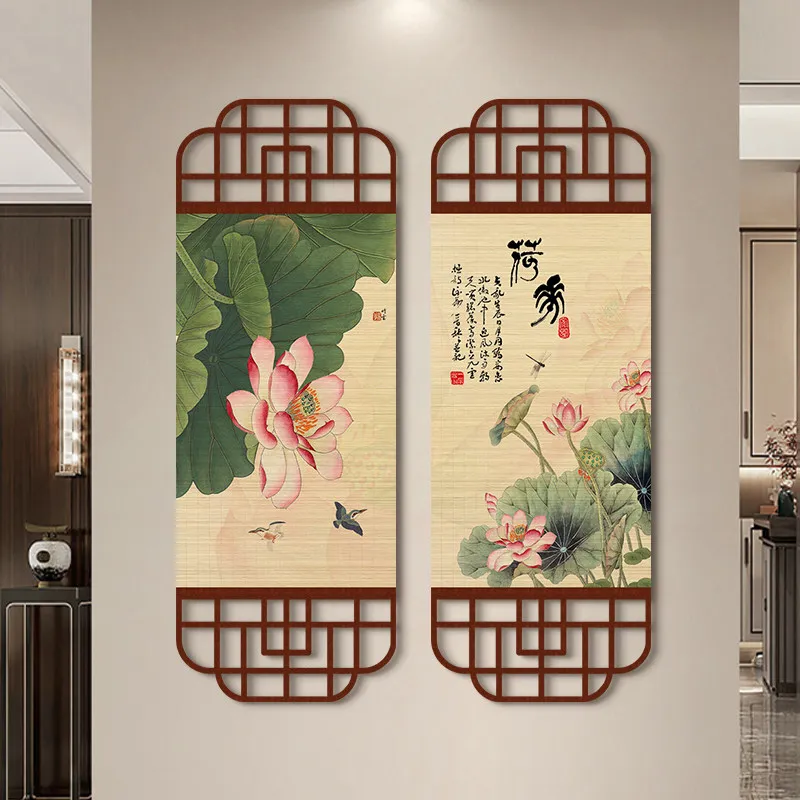 Bamboo Slat Wall Art Traditional Lotus Botanical Design with Chinese Calligraphy for Spa Reception and Wellness Lounge