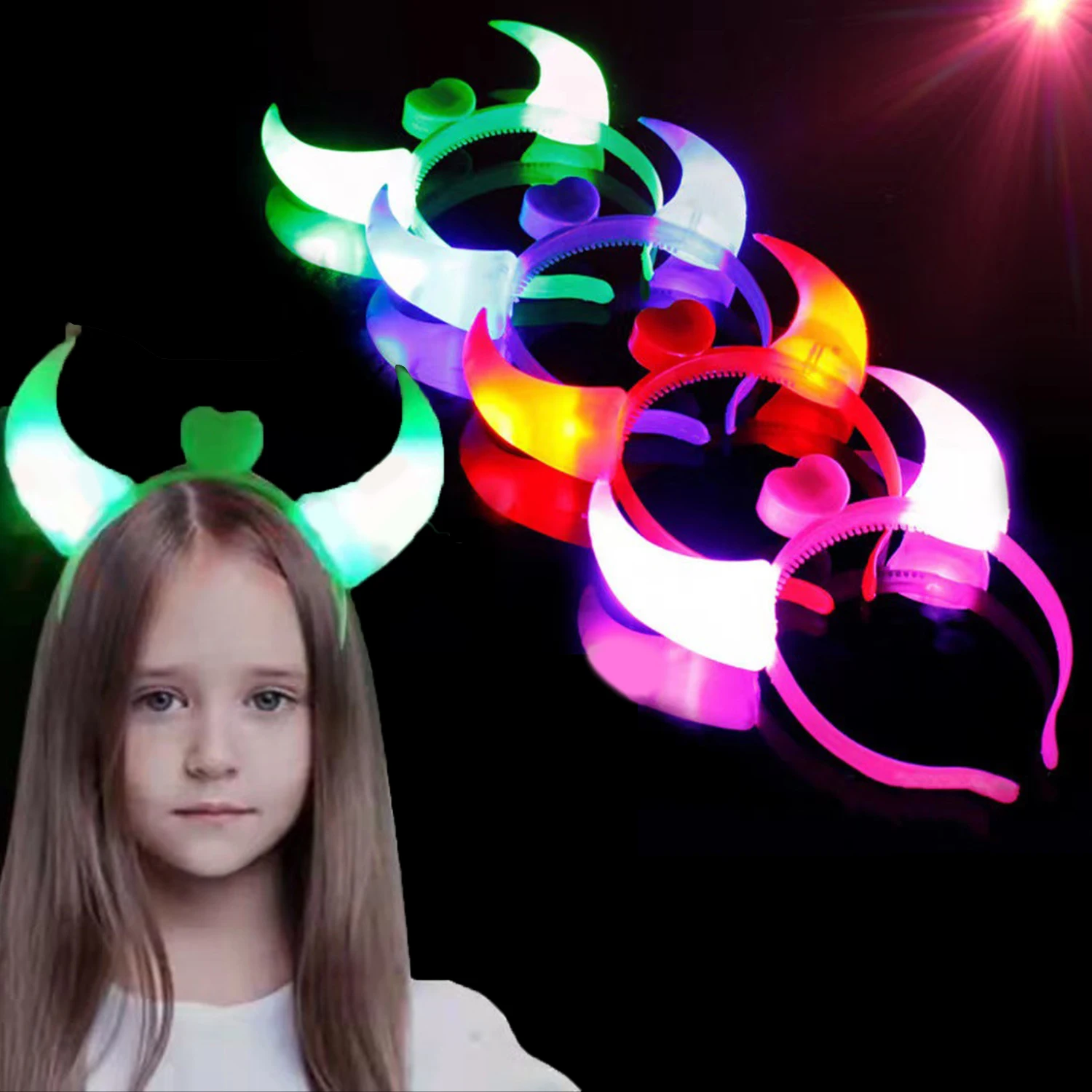 

1PC Girls Women Party Glow Headband With Teeth Luminous Cow Horn Hair Band Birthday Wedding Party Costume LED Hair Hoop