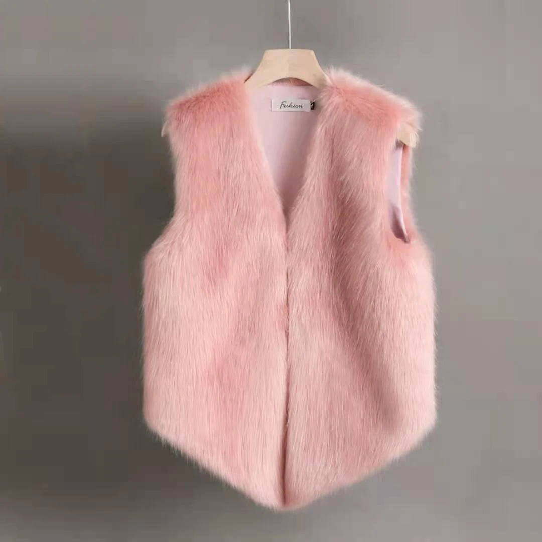 Women Pink Faux Fox Fur Vest 2026 Slim Sleeveless V‑Neck Short Luxury Fluffy Furry Gilet Winter Warm Waistcoat Outerwear