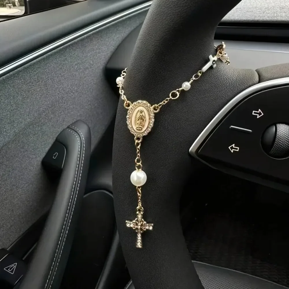 Rosario para Volante de Coche, Pulsera de Ojo Turco y Cruz de la Virgen María, Llavero con Colgante de Aluminio, Decoración para Bautizo y Accesorio para Coche