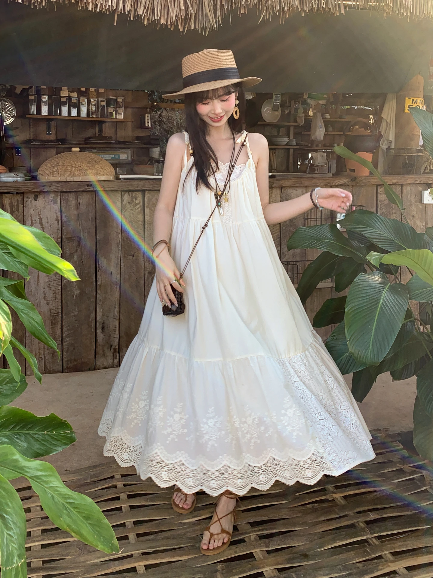Sweet Style Lace Splicing Design Cotton Maxi Dress Women's Summer New Arrival Gauzy Strapless High Waist A-Line Dress