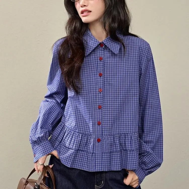 

French miu blue plaid shirt women's summer factory direct sales breathable spring and summer models
