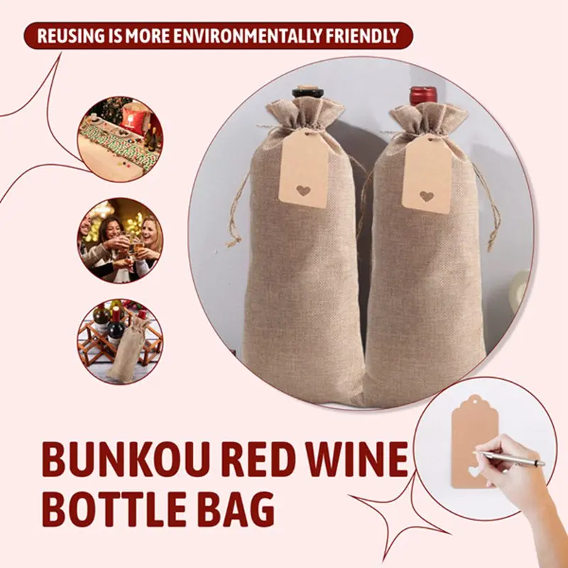Burlap Wine Bags Bags with Drawstrings, Single Reusable Wine Bottle Covers with Ropes and Tags (10 Pcs)-ROWI