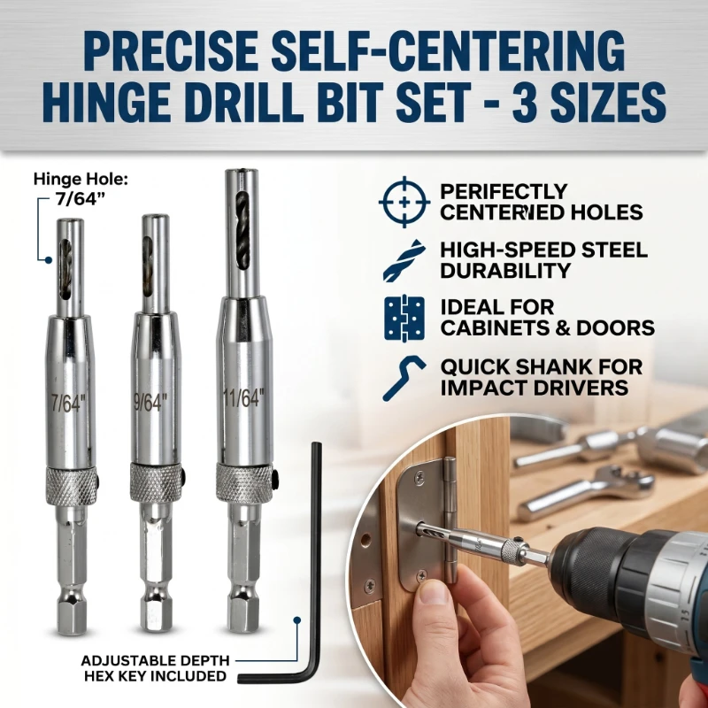 

3pcs Self Centering Hinge Drill Bits Set Door Cabinet Pilot Holes HSS Hex 7/64" 9/64" 11/64" /Wrench,Hinge Locating Hole Opener