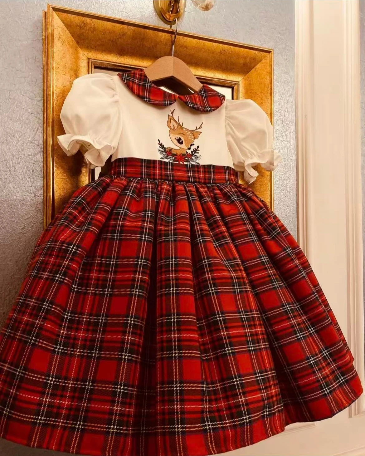 

0-12Y Baby Girl Summer Deer Embroidery Vintage Princess Red Plaid Dress for Birthday Photography Holiday Eid Christmas B141