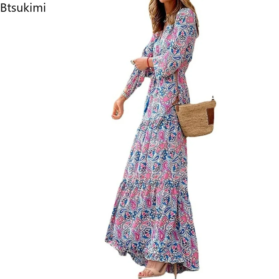 Vestido playero con estampado Floral para mujer, cuello en V elegante con túnica, manga 2024, estilo bohemio, ideal para vacaciones de verano, novedad de 3/4