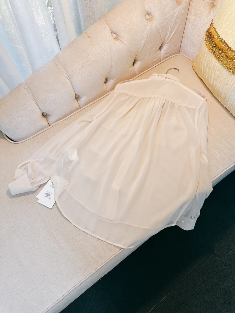 

Spring Summer 2025 Women's Casual Lightweight Long Sve irt Stand Collar Sa oulder Strap Loose Fit French Sle Polye...