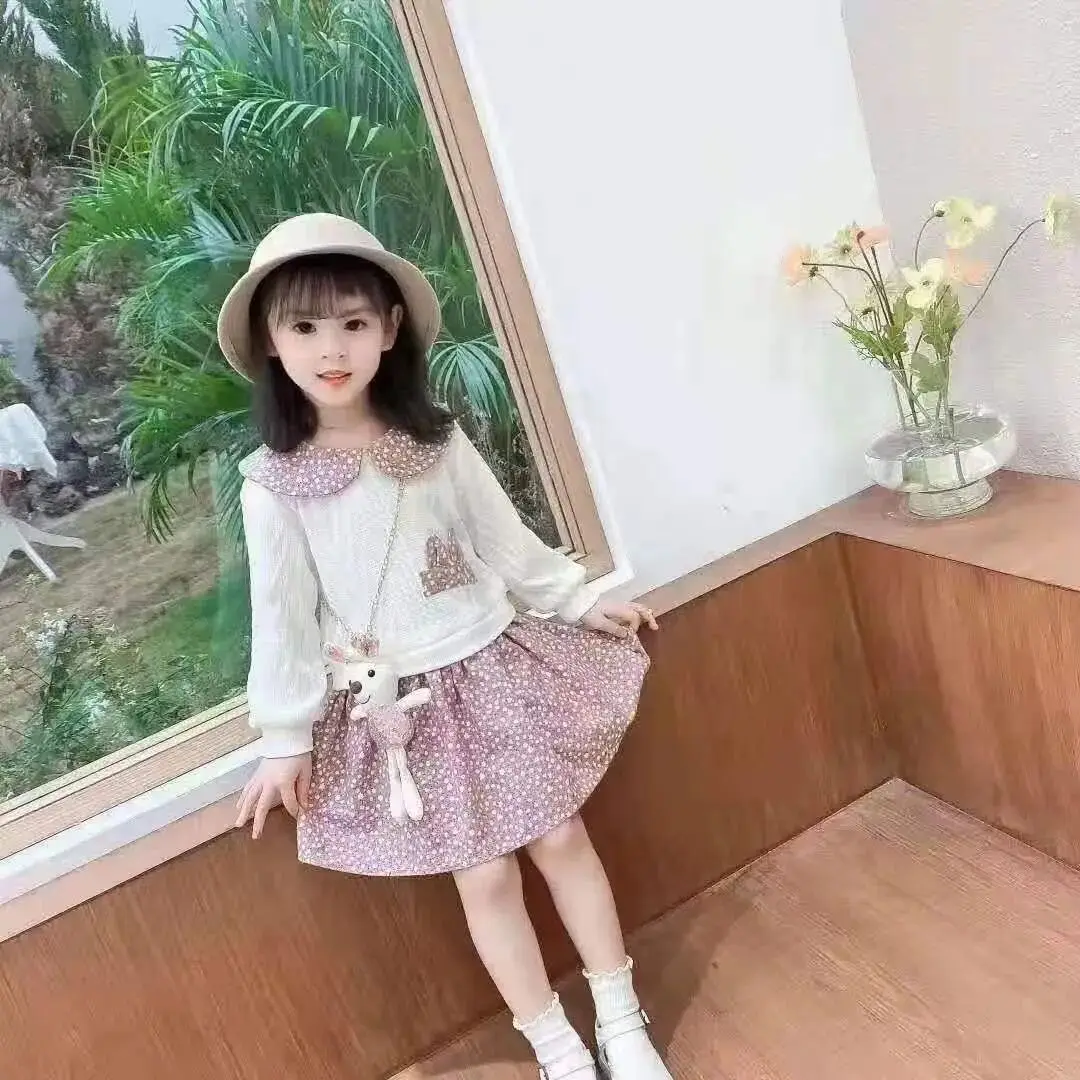 Children\'s Autumn New Dress Girl Baby Cute Fake Two-piece Dress Princess Floral Dress Free Rabbit 2 4 6 7Y