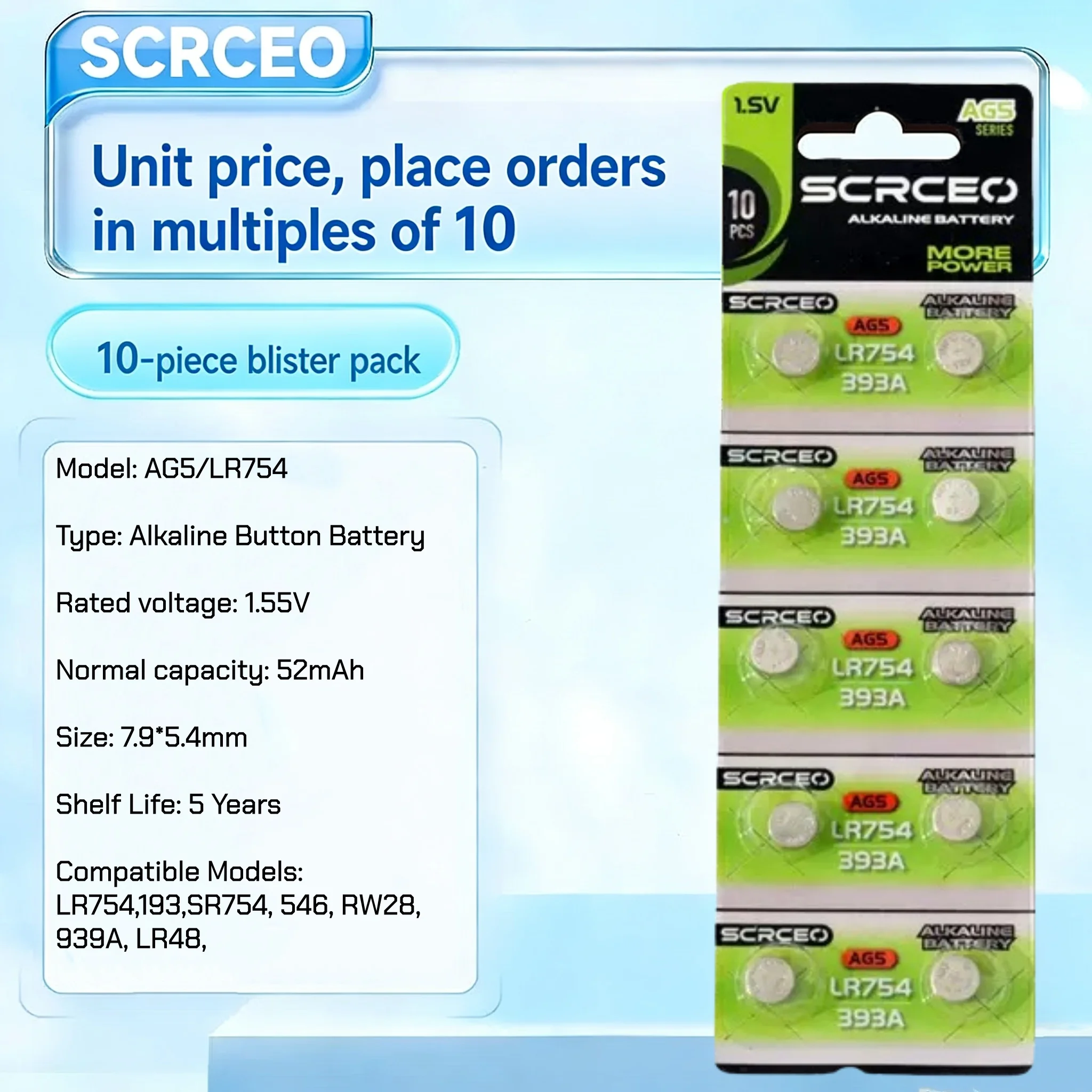 10-50Pcs AG5 Alkaline Button Battery 1.55V LR754 SR754 193 393 L754 SR754SW LR48 Coin Cell For Watch Toy Clock Remote Control
